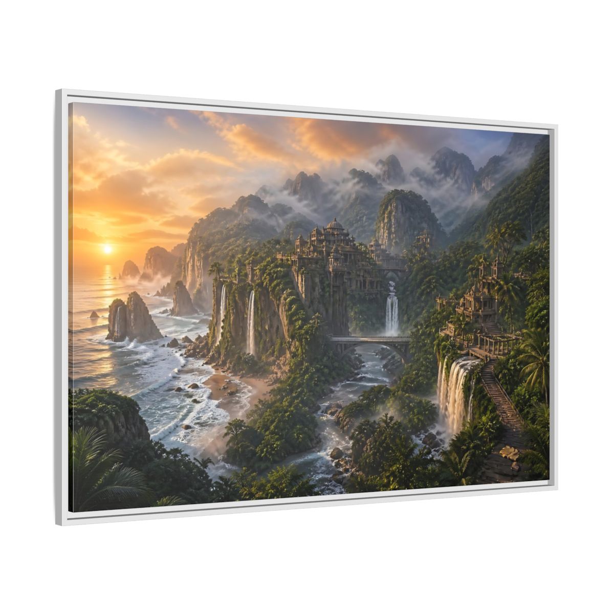 Side Mockup 7. Misty Coastal Citadel shown as framed canvas print