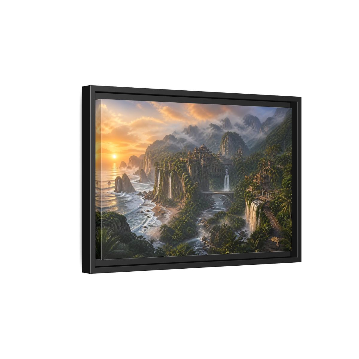 Side Mockup 6. Misty Coastal Citadel shown as framed canvas print