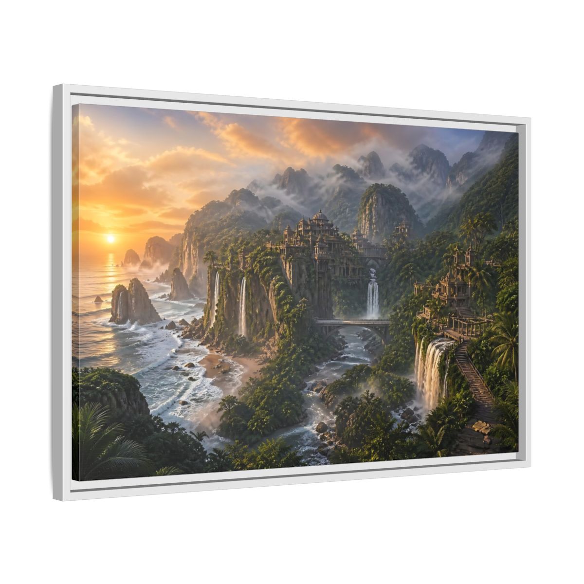 Side Mockup 10. Misty Coastal Citadel shown as framed canvas print