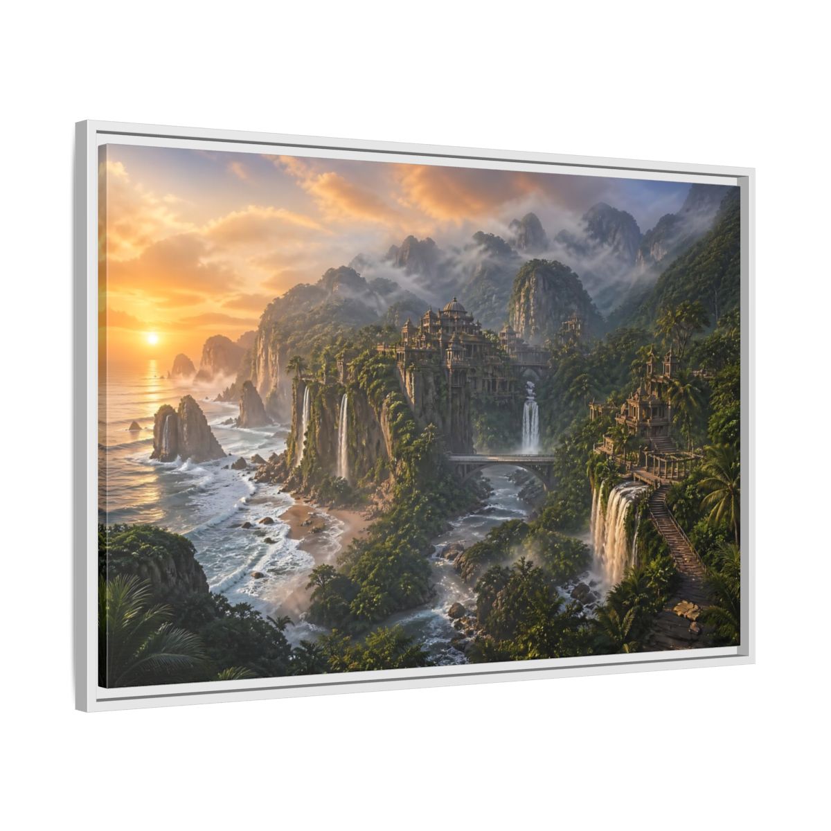 Side Mockup 9. Misty Coastal Citadel shown as framed canvas print