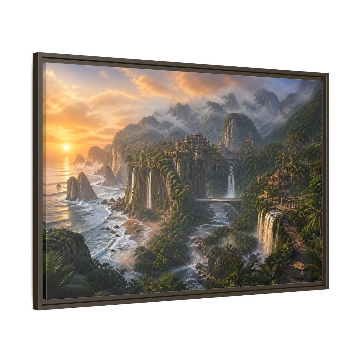 Main Mockup. Misty Coastal Citadel shown as framed canvas print