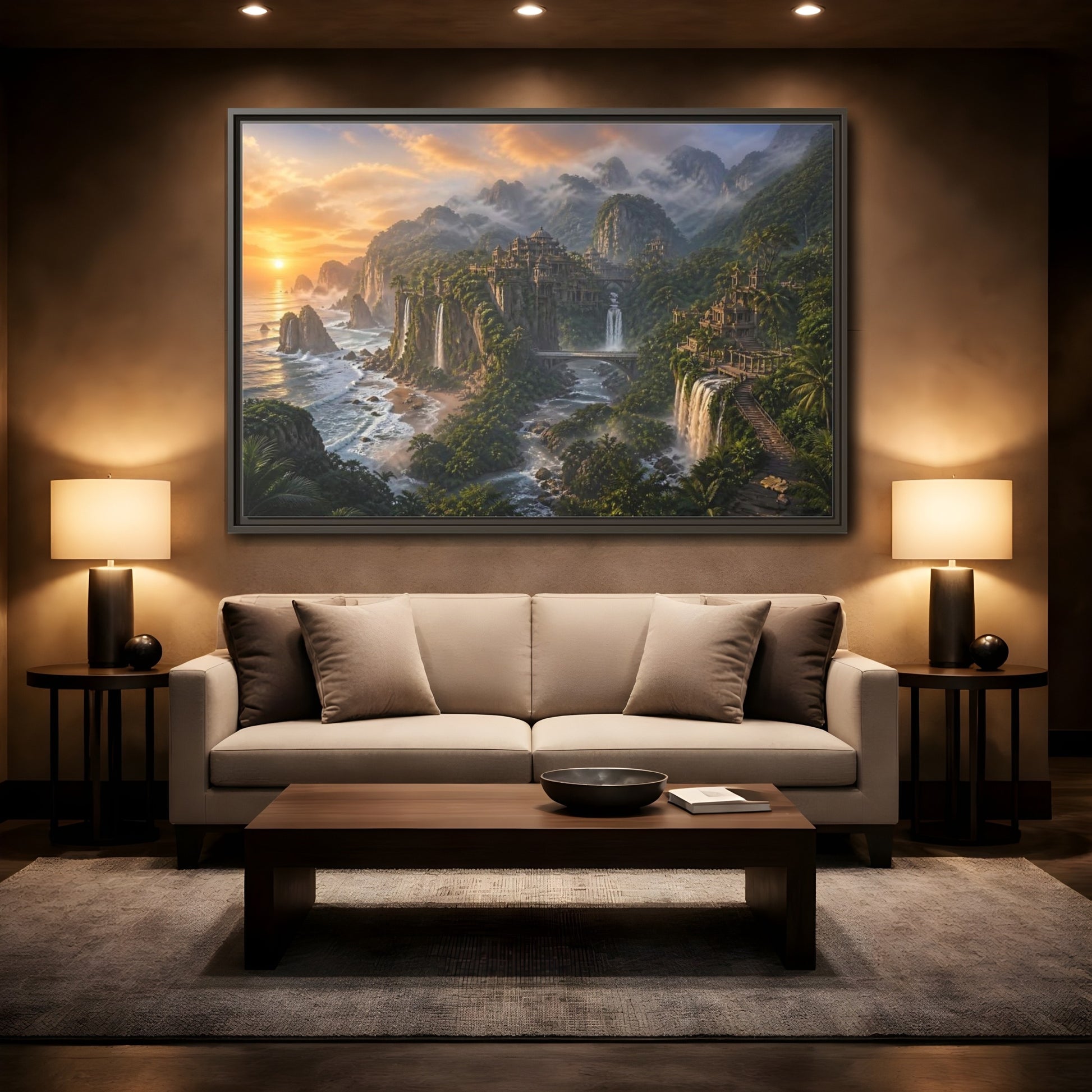 Mockup 2. Misty Coastal Citadel shown as framed canvas print