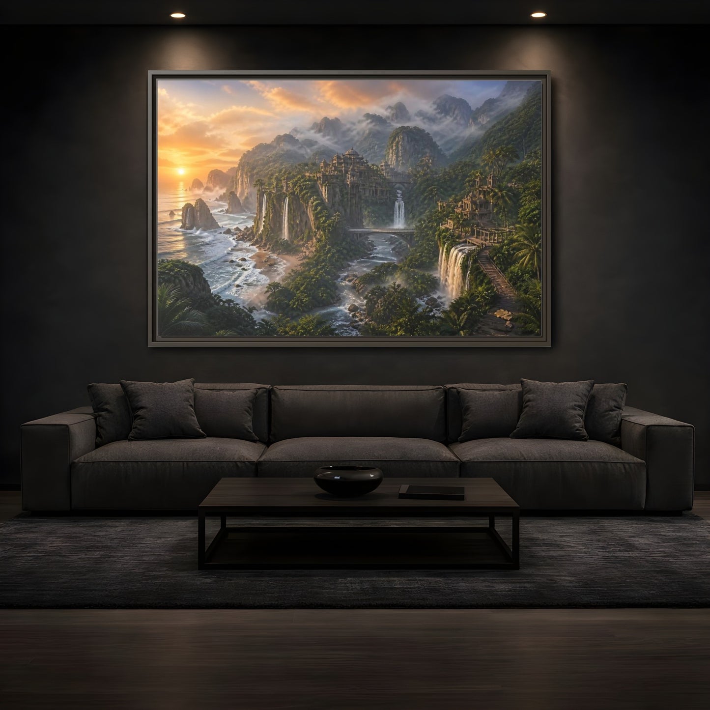 Mockup 3. Misty Coastal Citadel shown as framed canvas print