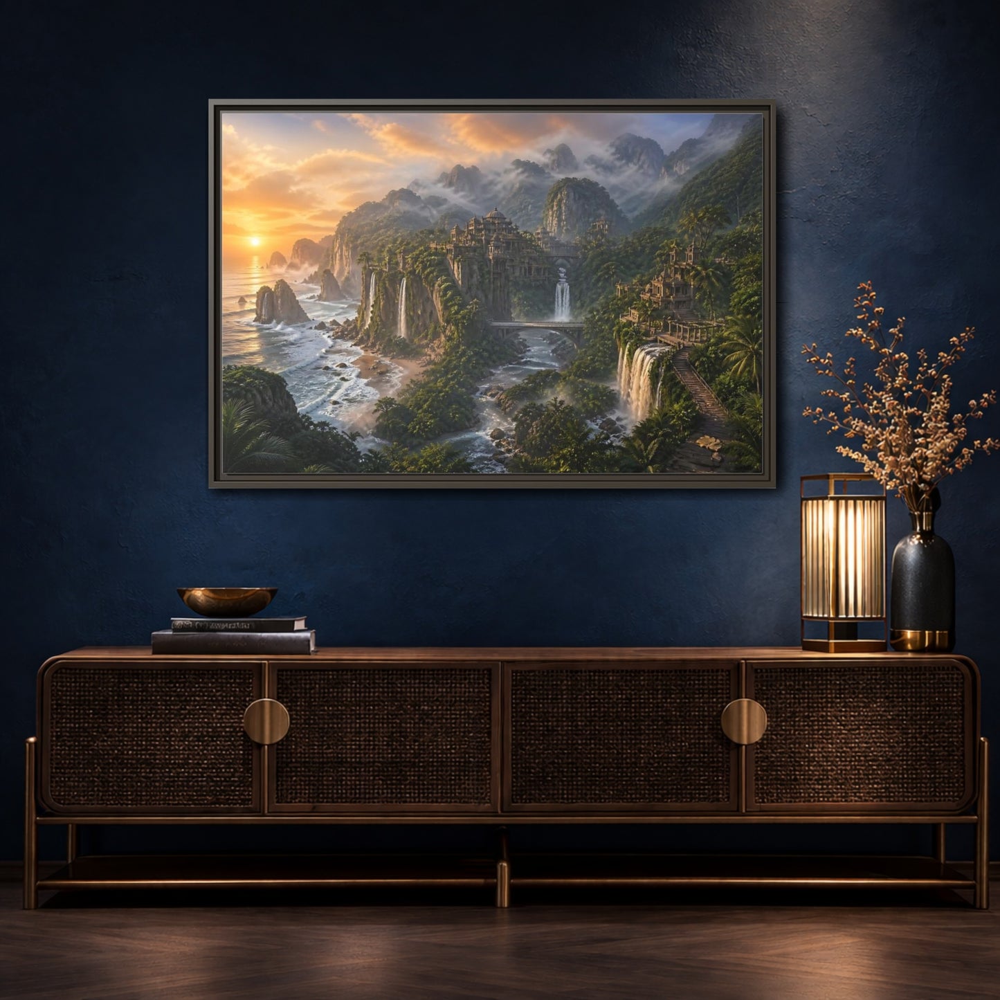 Mockup 4. Misty Coastal Citadel shown as framed canvas print