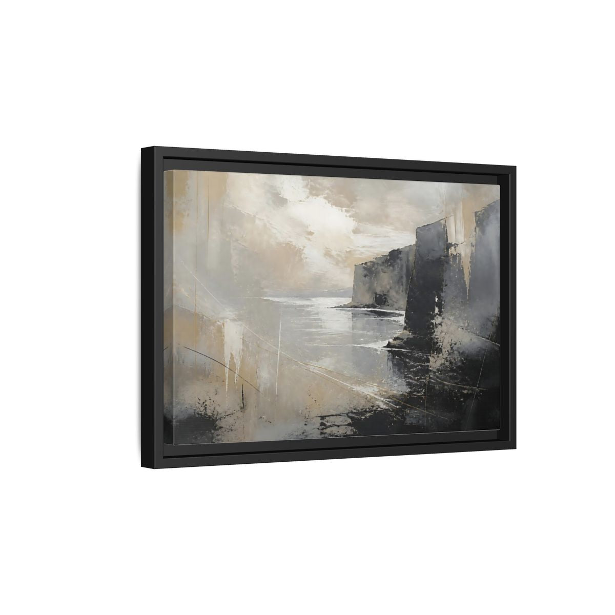 Side Mockup 6. Misty Coastal Cliffs shown as framed canvas print