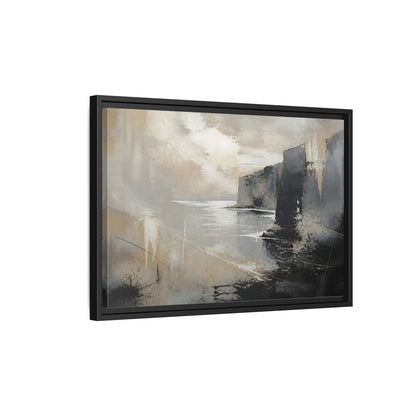 Side Mockup 3. Misty Coastal Cliffs shown as framed canvas print
