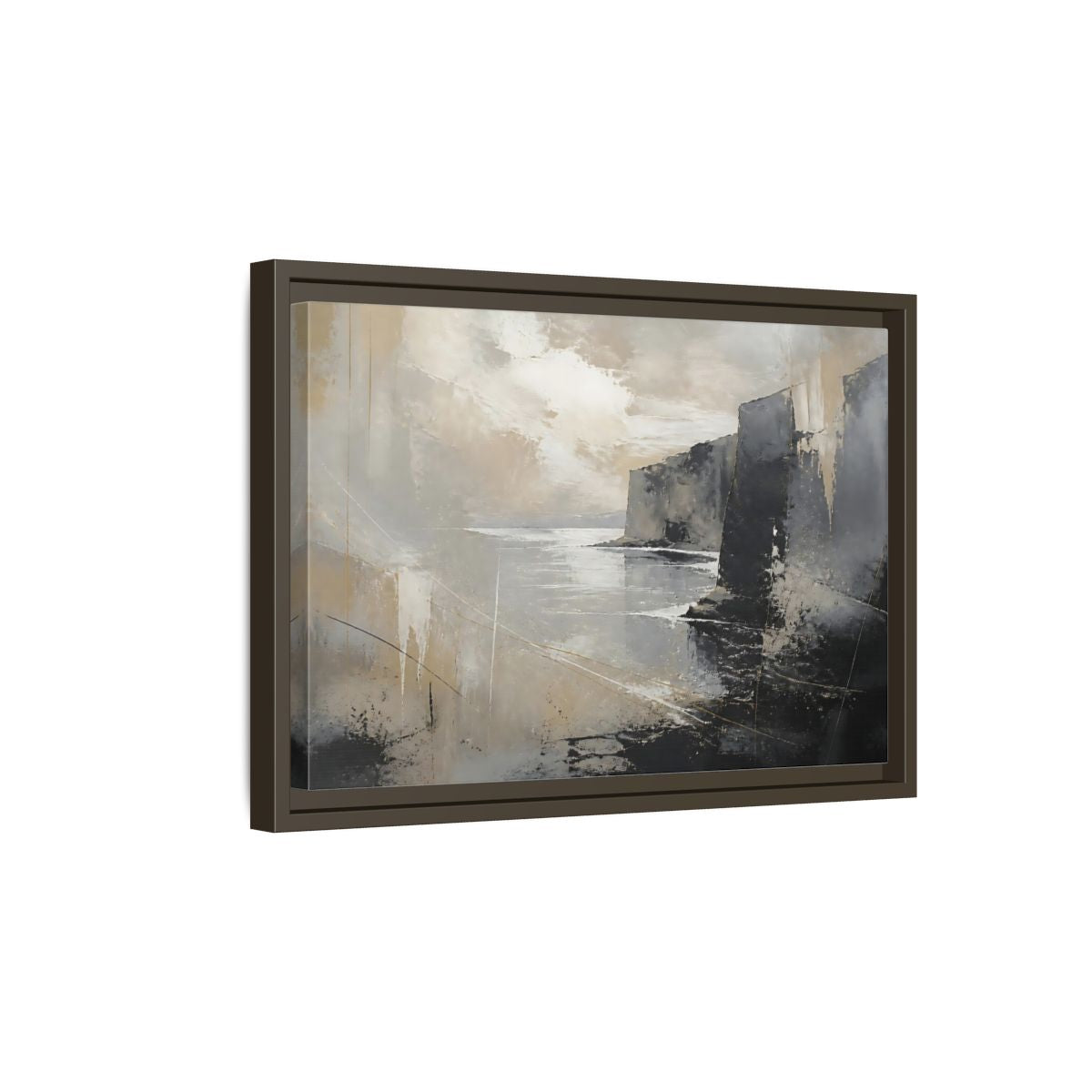 Side Mockup 5. Misty Coastal Cliffs shown as framed canvas print