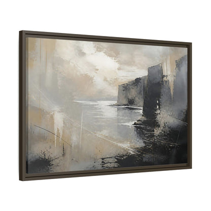 Side Mockup 11. Misty Coastal Cliffs shown as framed canvas print