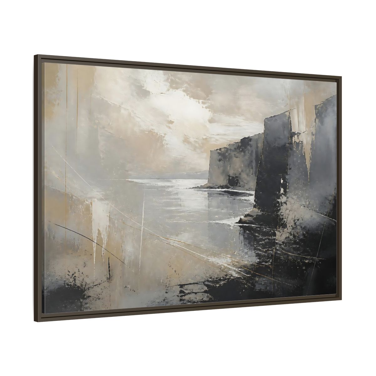Side Mockup 8. Misty Coastal Cliffs shown as framed canvas print
