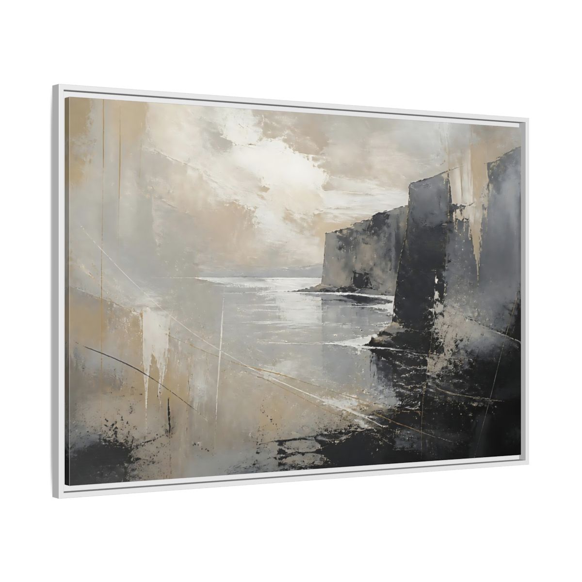 Side Mockup 7. Misty Coastal Cliffs shown as framed canvas print