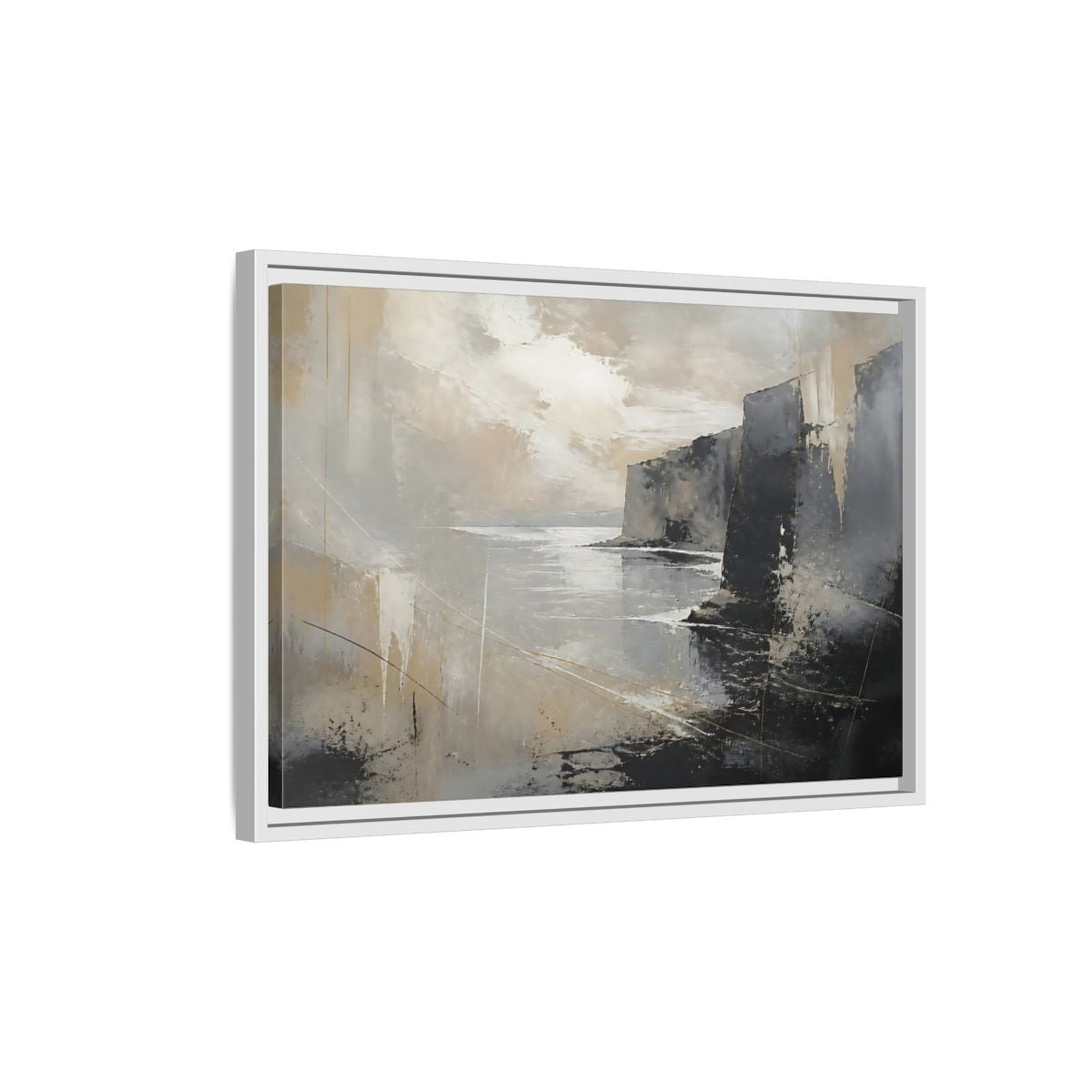 Side Mockup 1. Misty Coastal Cliffs shown as framed canvas print
