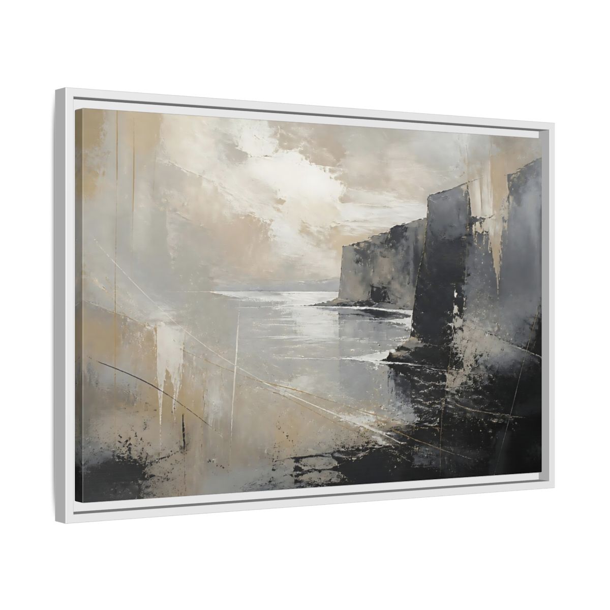 Side Mockup 10. Misty Coastal Cliffs shown as framed canvas print