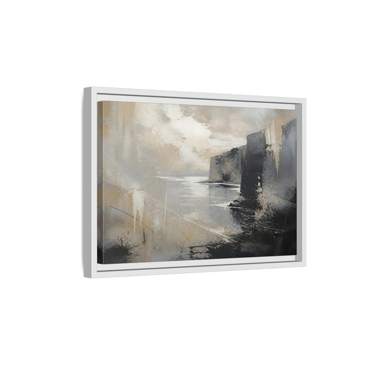 Side Mockup 4. Misty Coastal Cliffs shown as framed canvas print