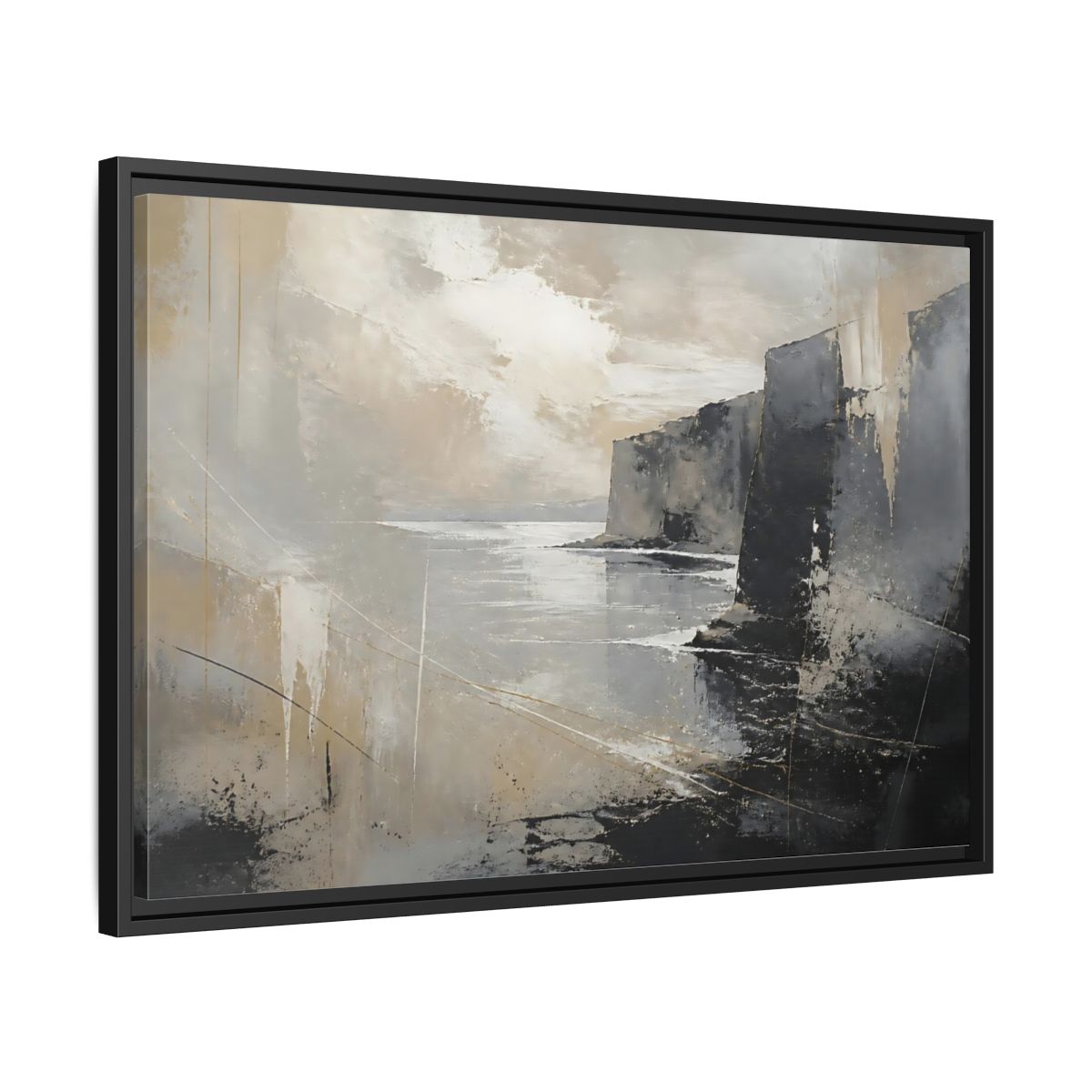 Side Mockup 14. Misty Coastal Cliffs shown as framed canvas print