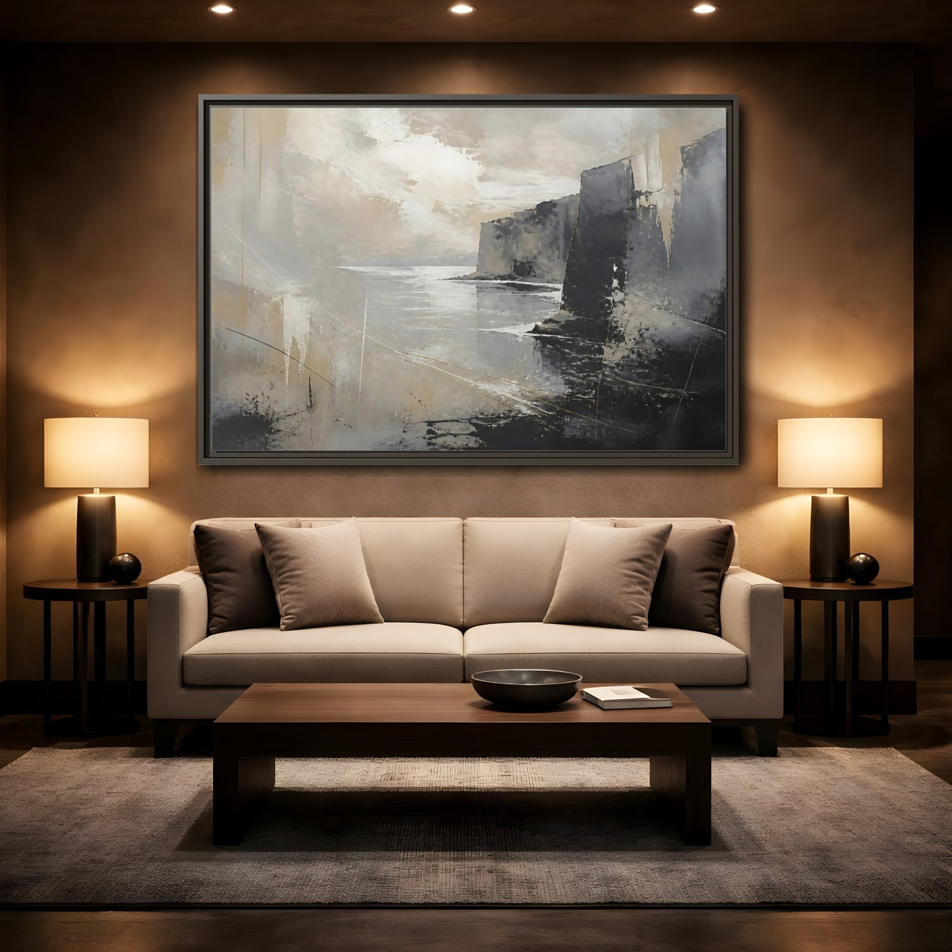 Mockup 2. Misty Coastal Cliffs shown as framed canvas print