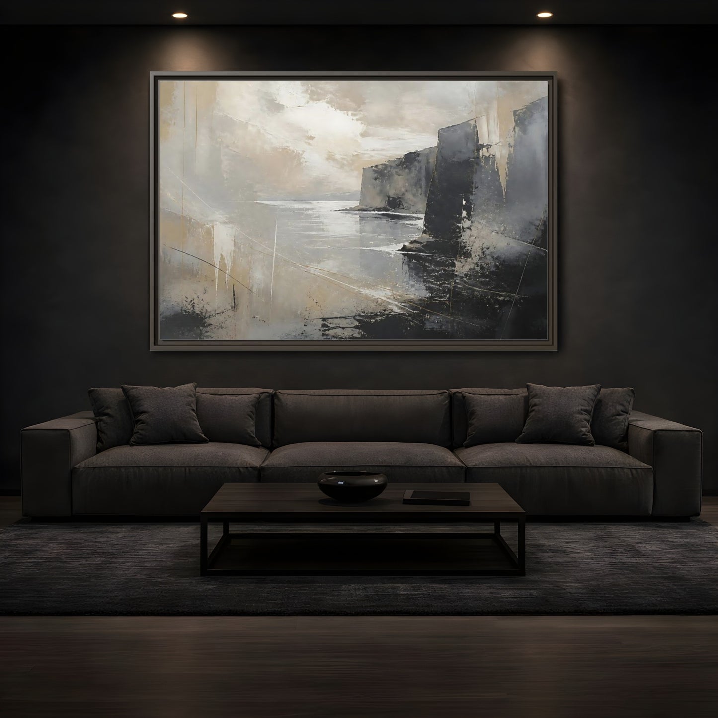 Mockup 3. Misty Coastal Cliffs shown as framed canvas print