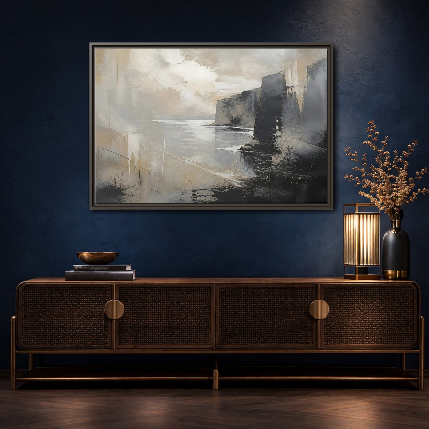 Mockup 4. Misty Coastal Cliffs shown as framed canvas print