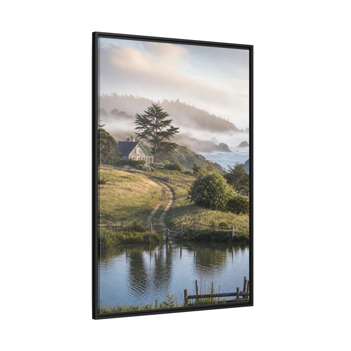 Side Mockup 12. Misty Coastal Cottage Path shown as framed canvas print