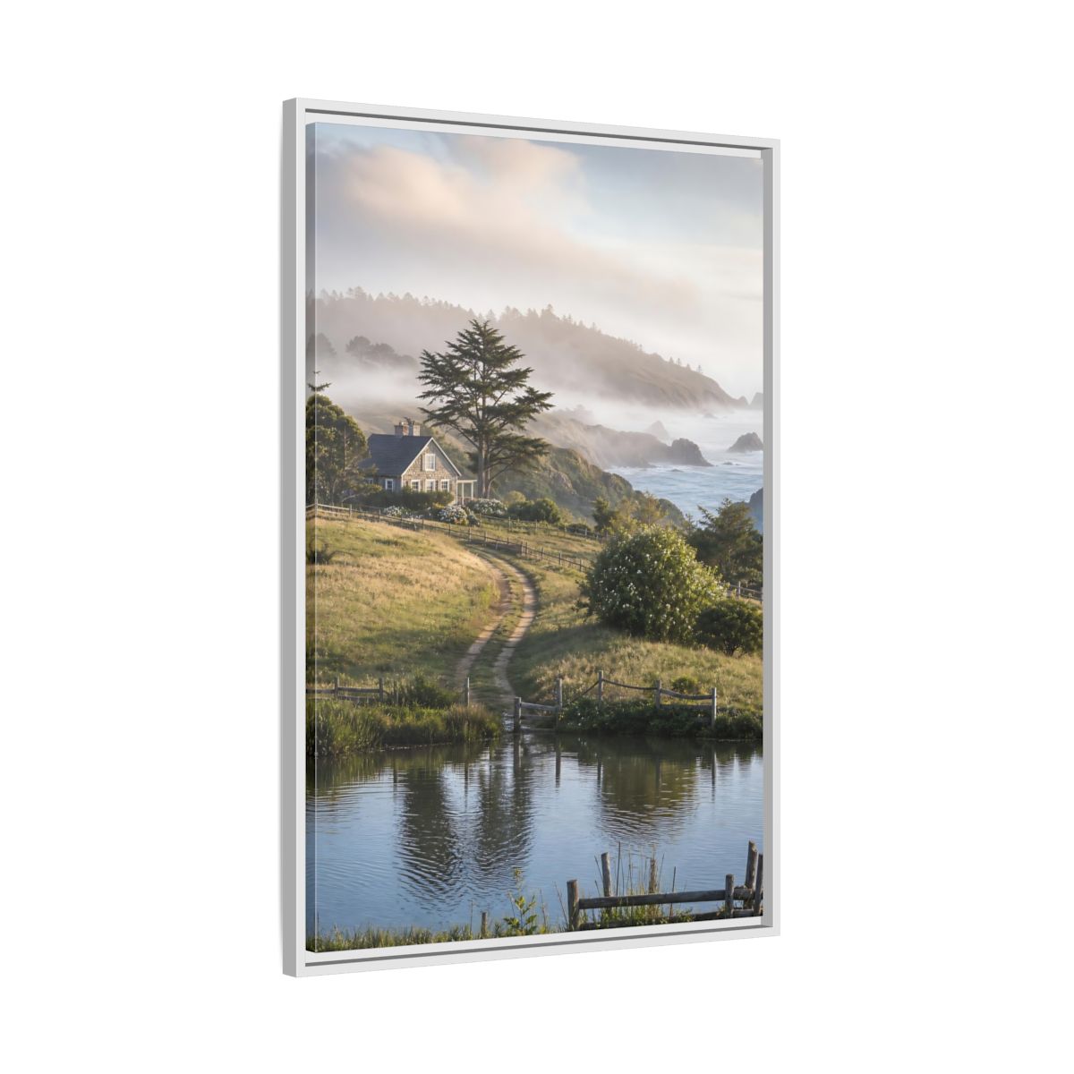 Side Mockup 9. Misty Coastal Cottage Path shown as framed canvas print