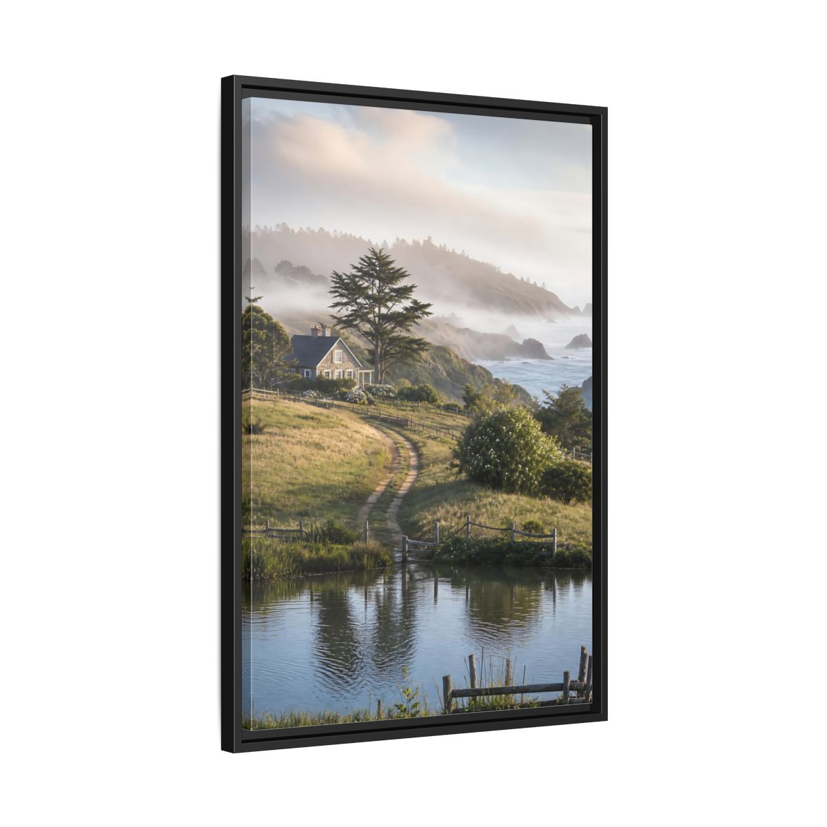 Side Mockup 14. Misty Coastal Cottage Path shown as framed canvas print