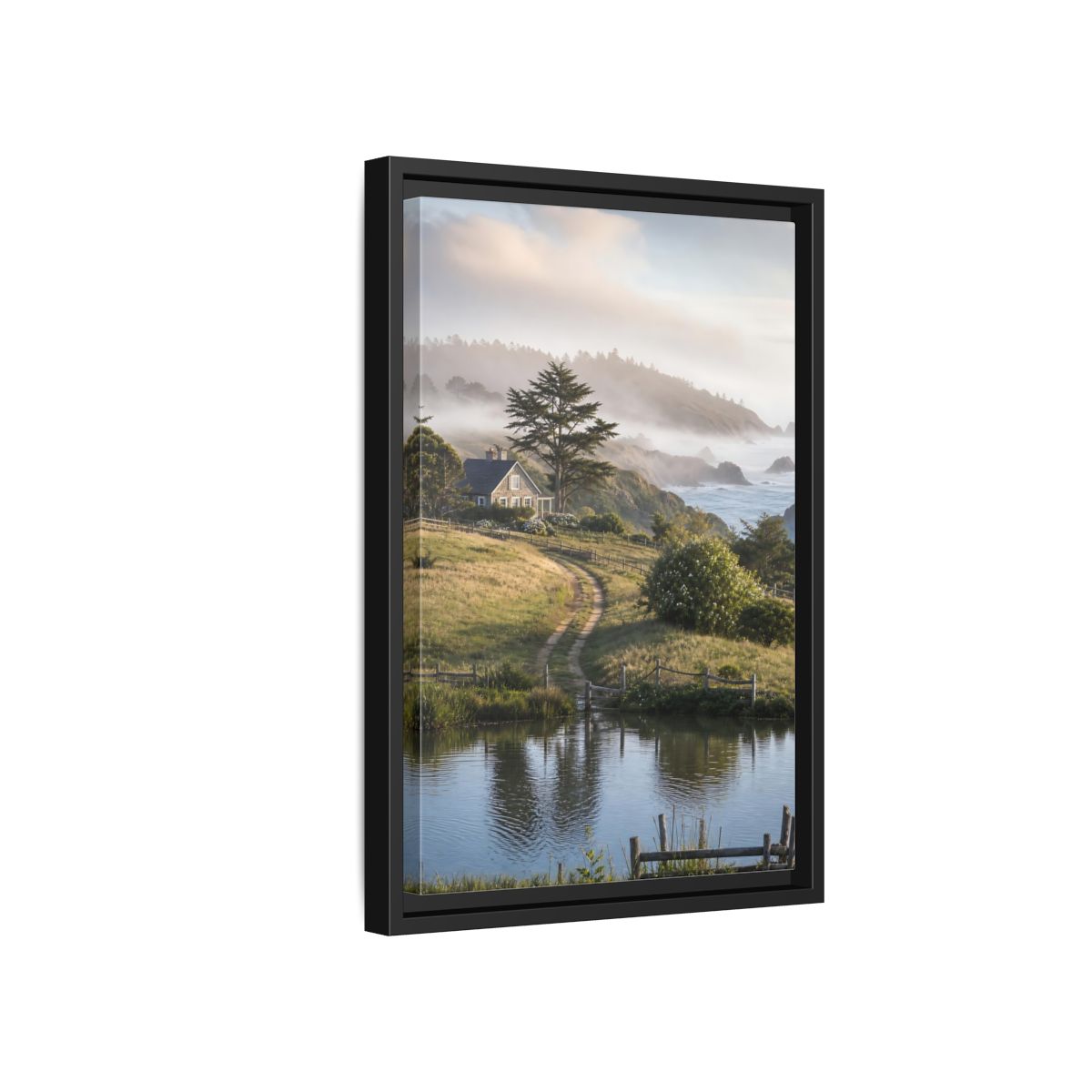 Side Mockup 6. Misty Coastal Cottage Path shown as framed canvas print