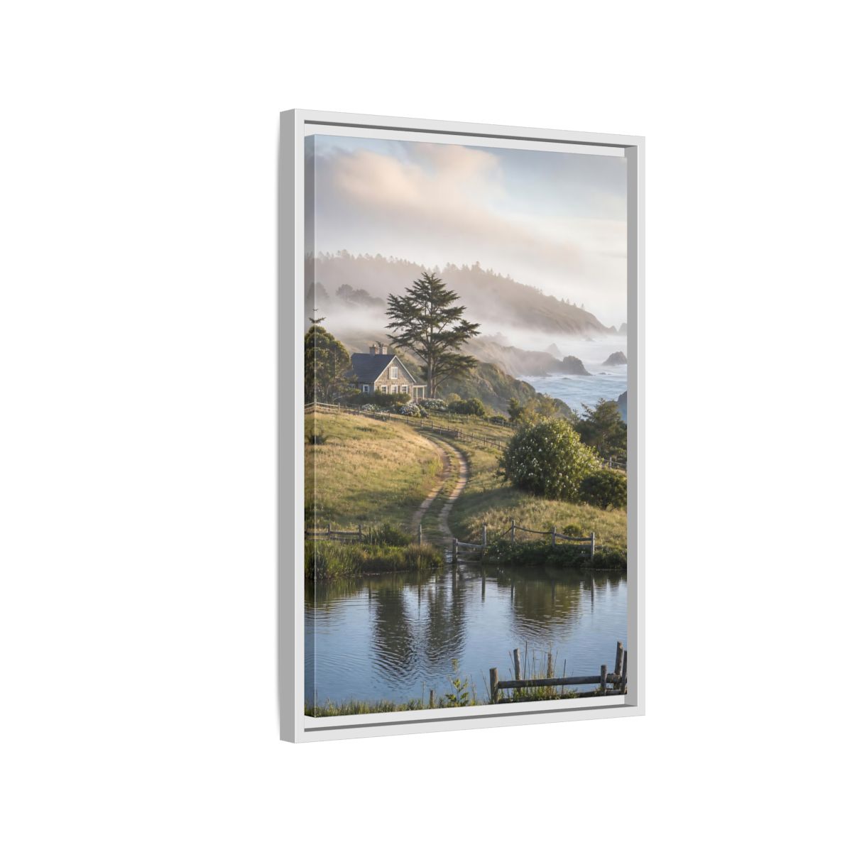 Side Mockup 1. Misty Coastal Cottage Path shown as framed canvas print