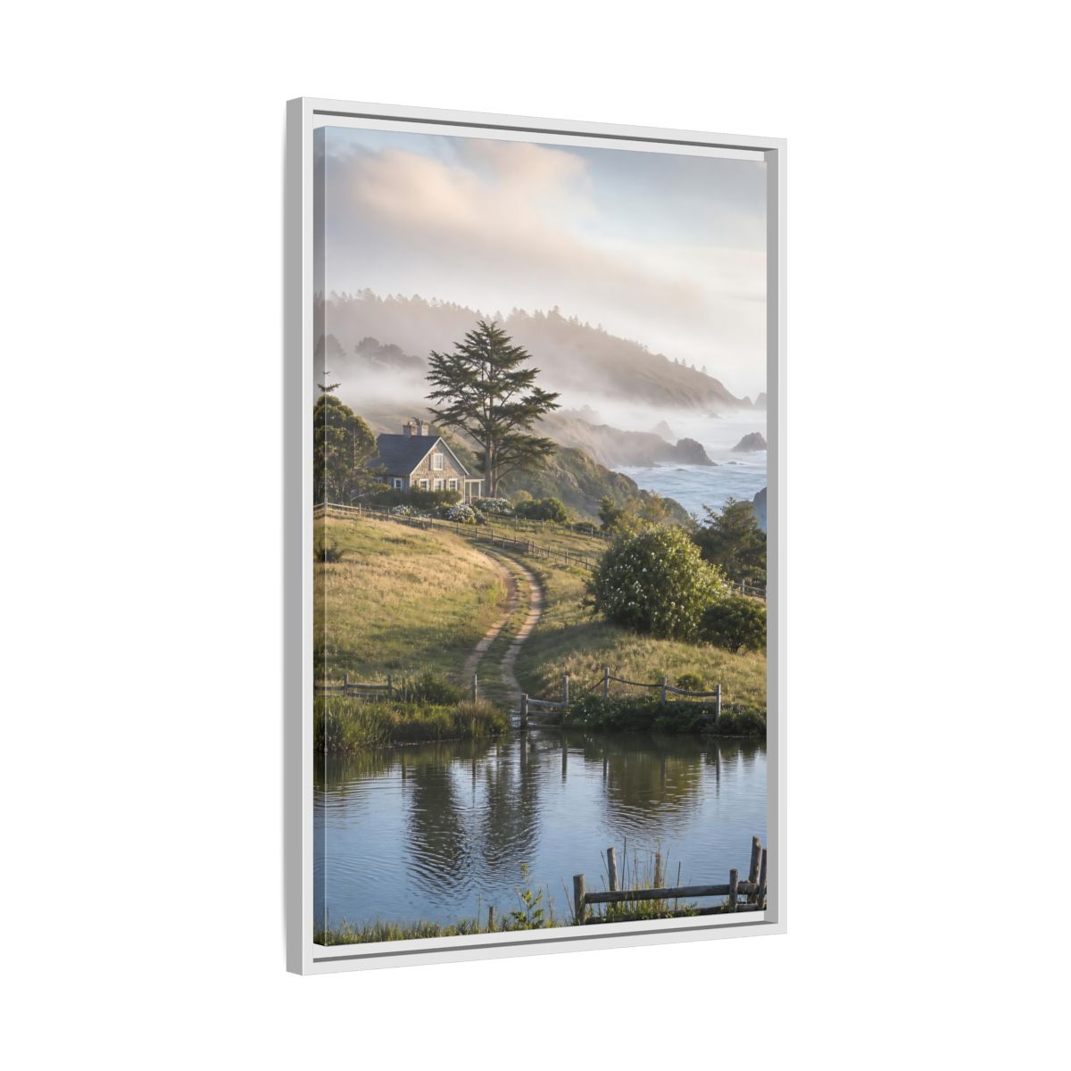 Side Mockup 10. Misty Coastal Cottage Path shown as framed canvas print