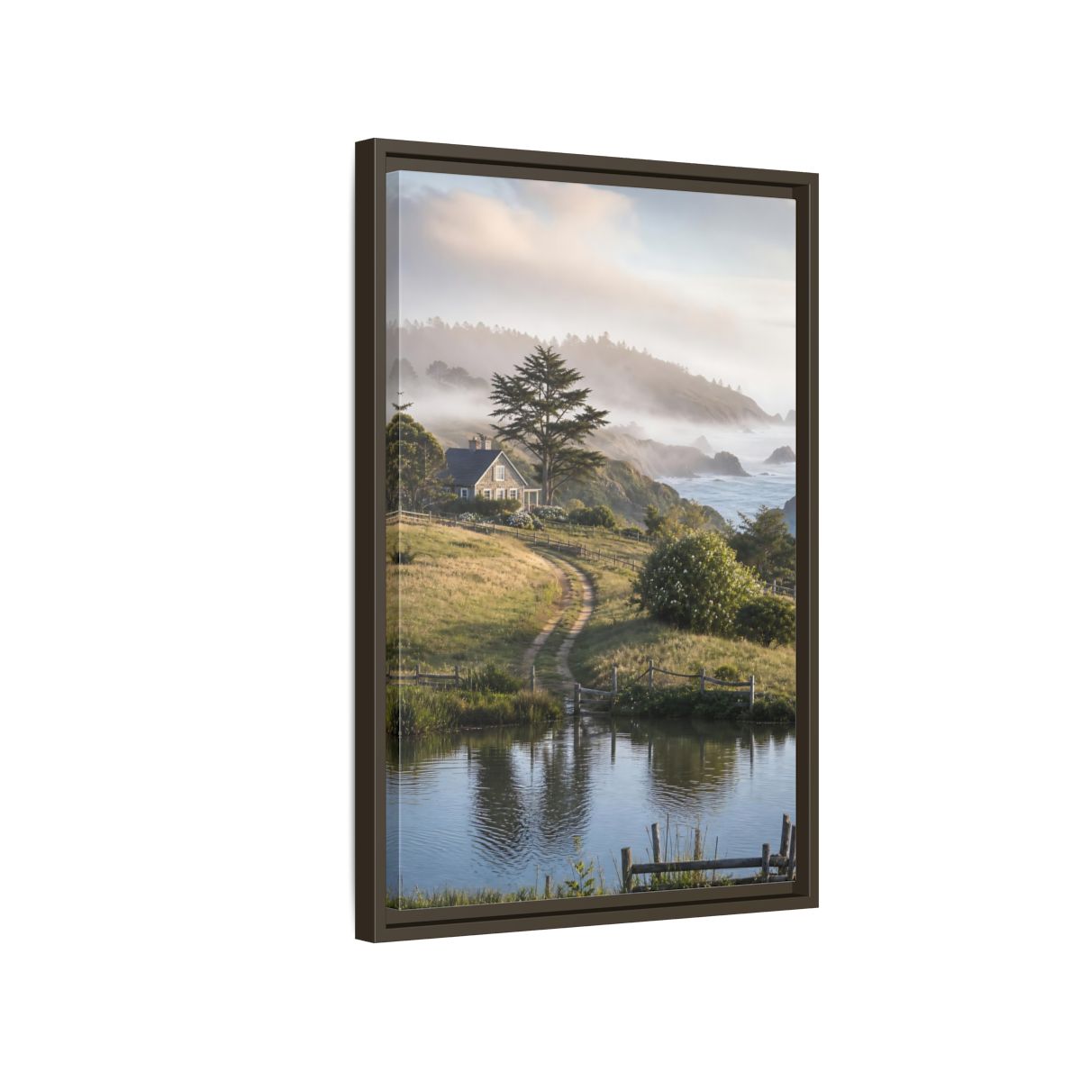 Side Mockup 2. Misty Coastal Cottage Path shown as framed canvas print