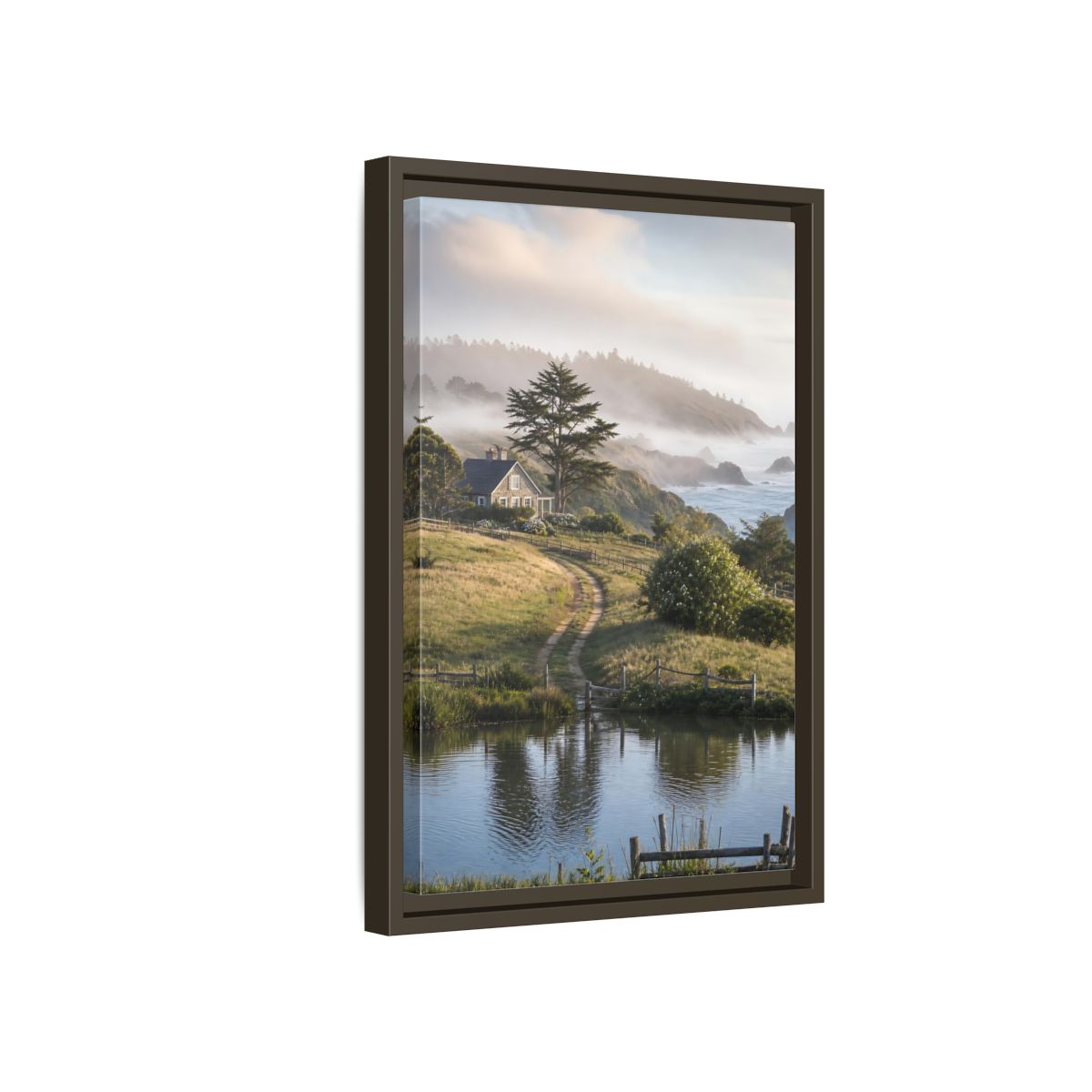Side Mockup 5. Misty Coastal Cottage Path shown as framed canvas print