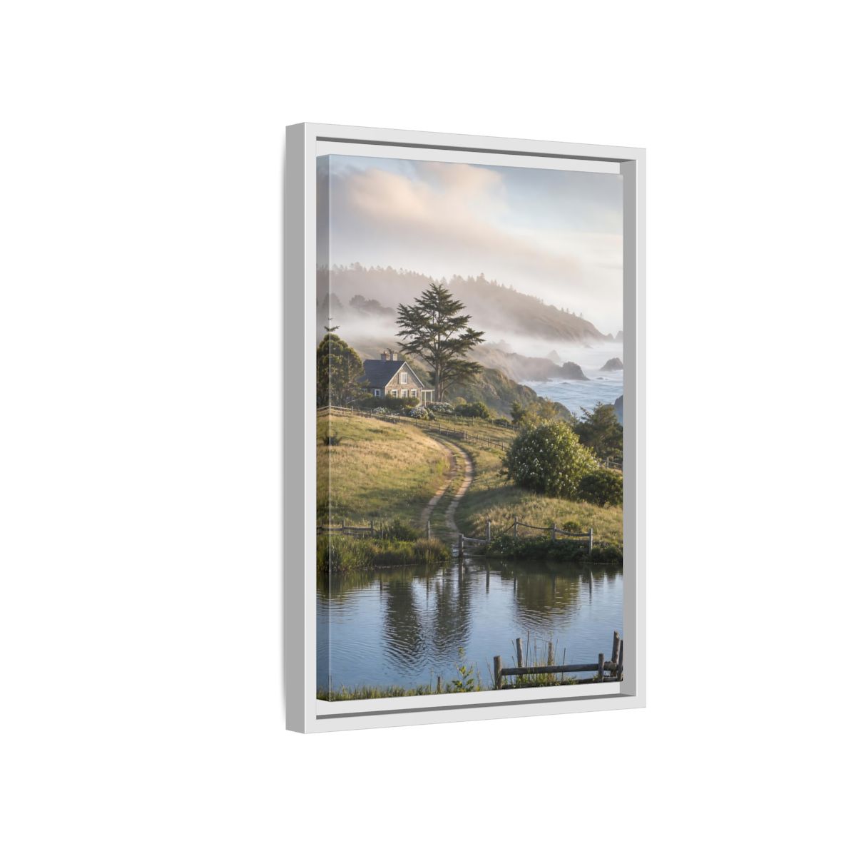 Side Mockup 4. Misty Coastal Cottage Path shown as framed canvas print