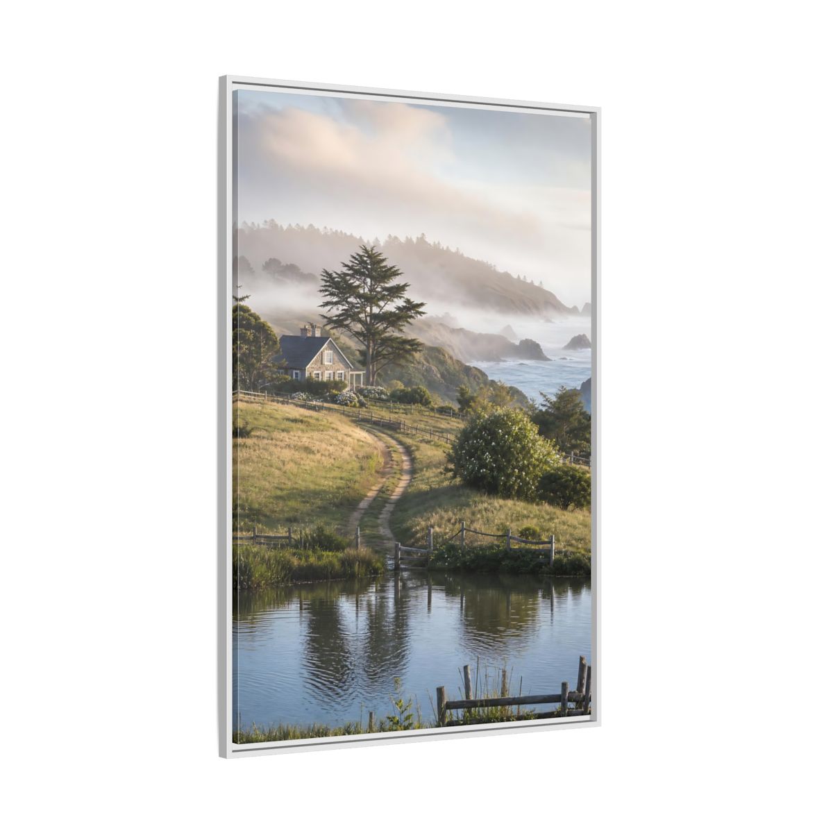 Side Mockup 7. Misty Coastal Cottage Path shown as framed canvas print