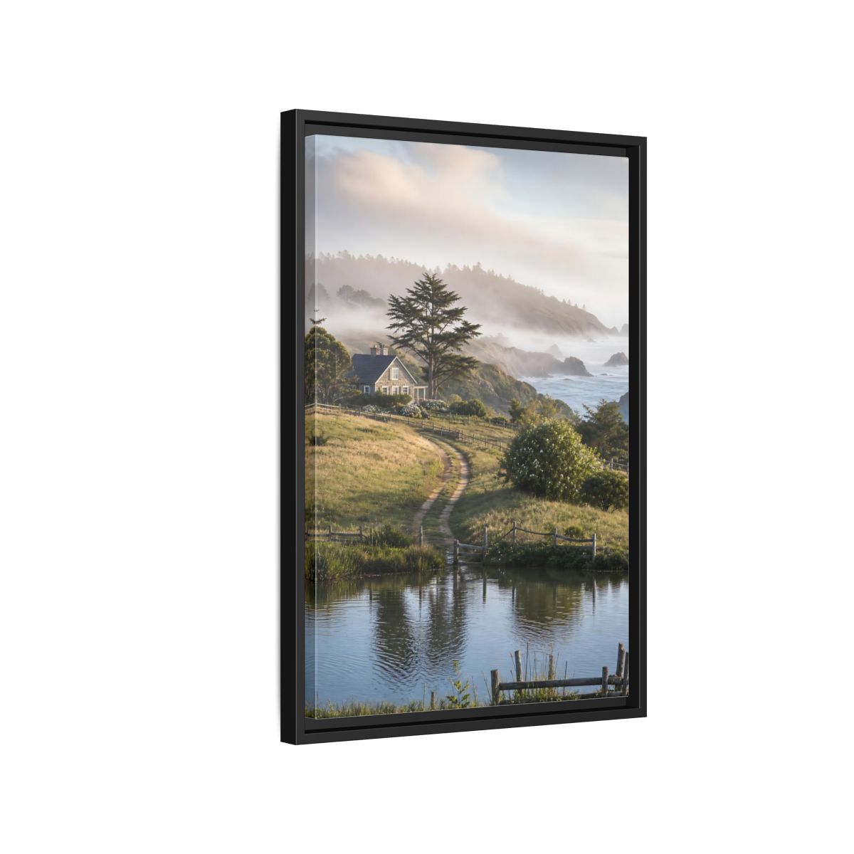 Side Mockup 3. Misty Coastal Cottage Path shown as framed canvas print