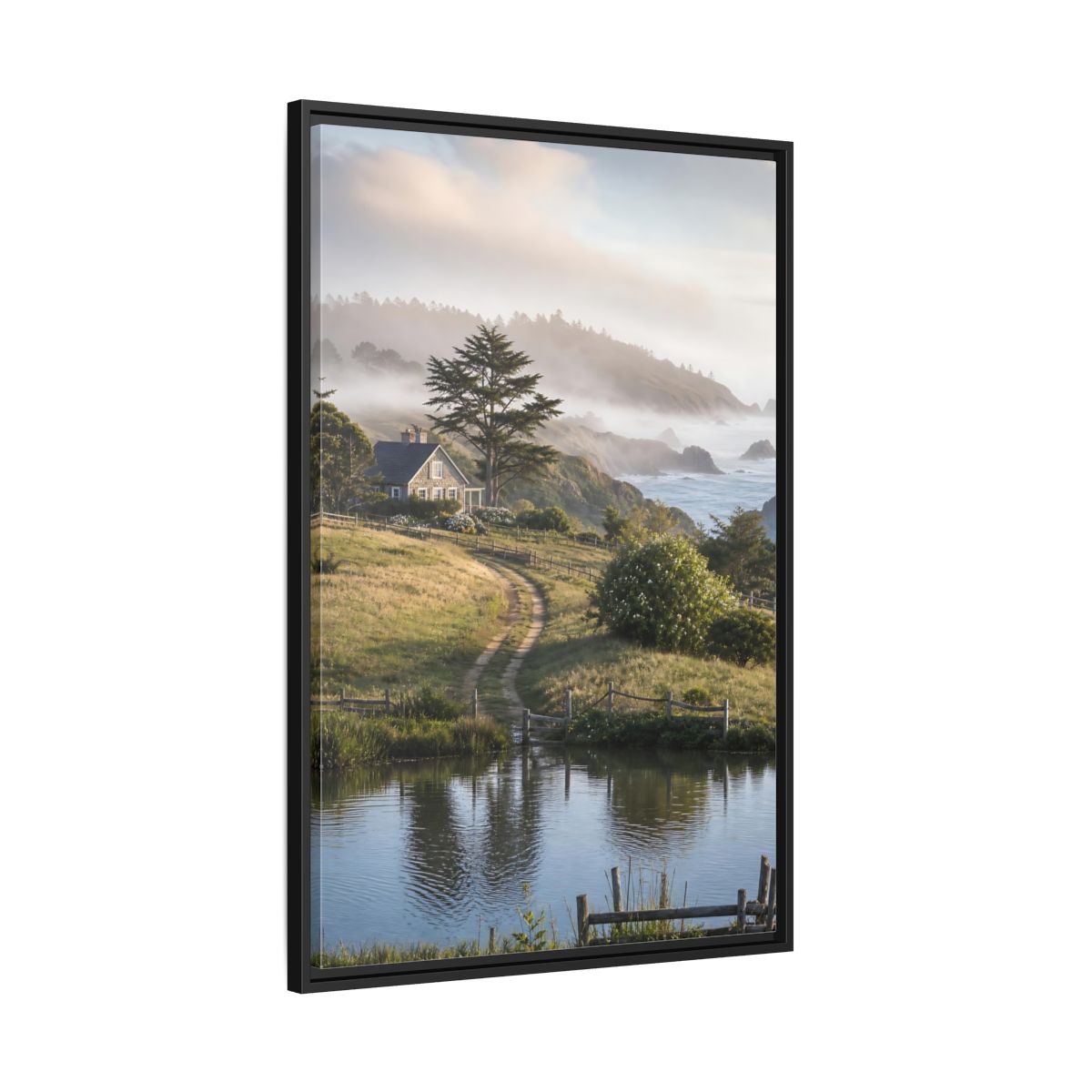 Side Mockup 13. Misty Coastal Cottage Path shown as framed canvas print