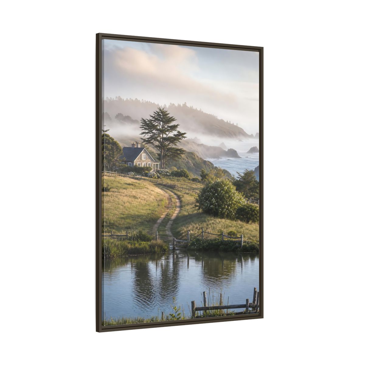 Side Mockup 8. Misty Coastal Cottage Path shown as framed canvas print