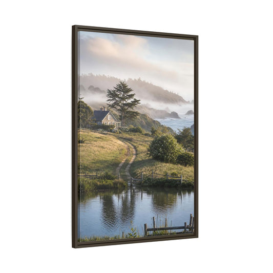 Main Mockup. Misty Coastal Cottage Path shown as framed canvas print