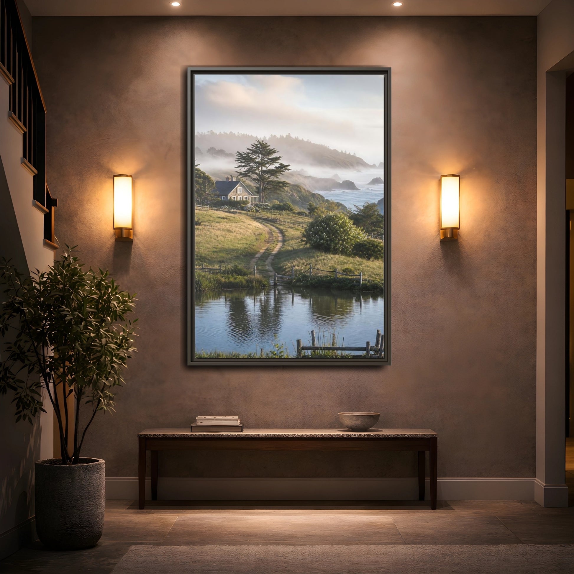 Mockup 2. Misty Coastal Cottage Path shown as framed canvas print
