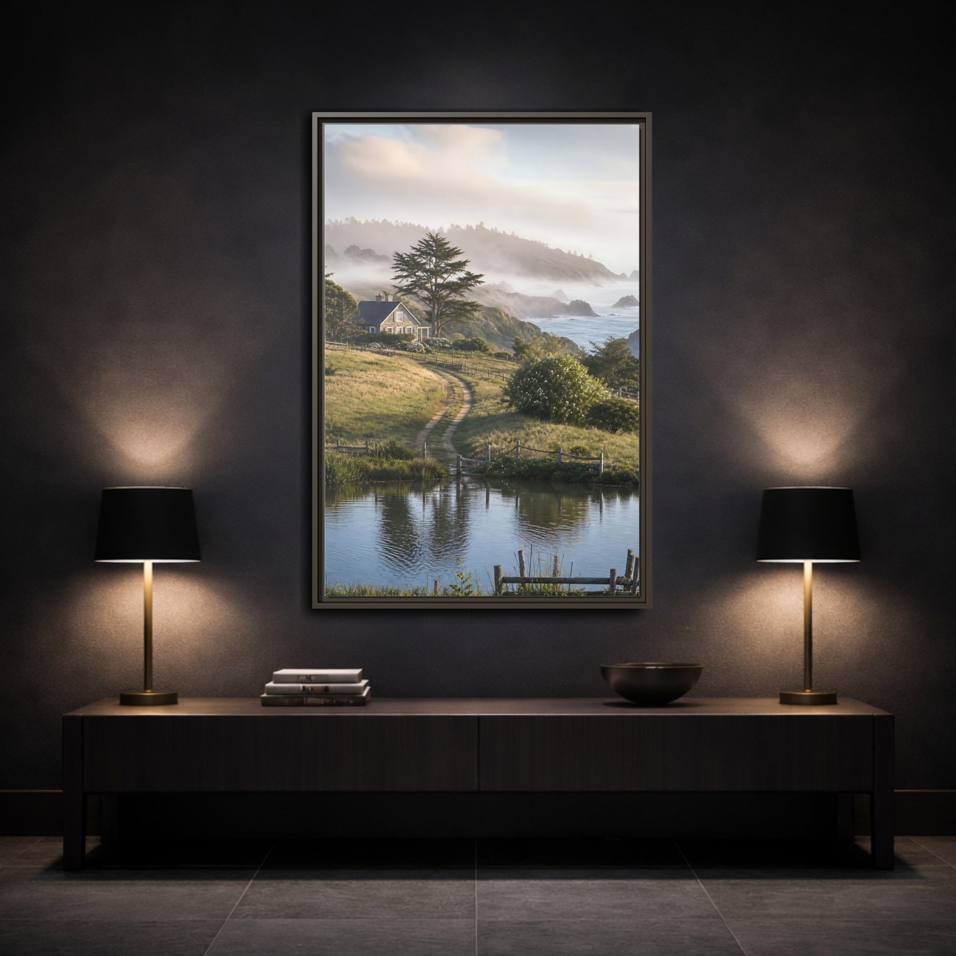 Mockup 3. Misty Coastal Cottage Path shown as framed canvas print