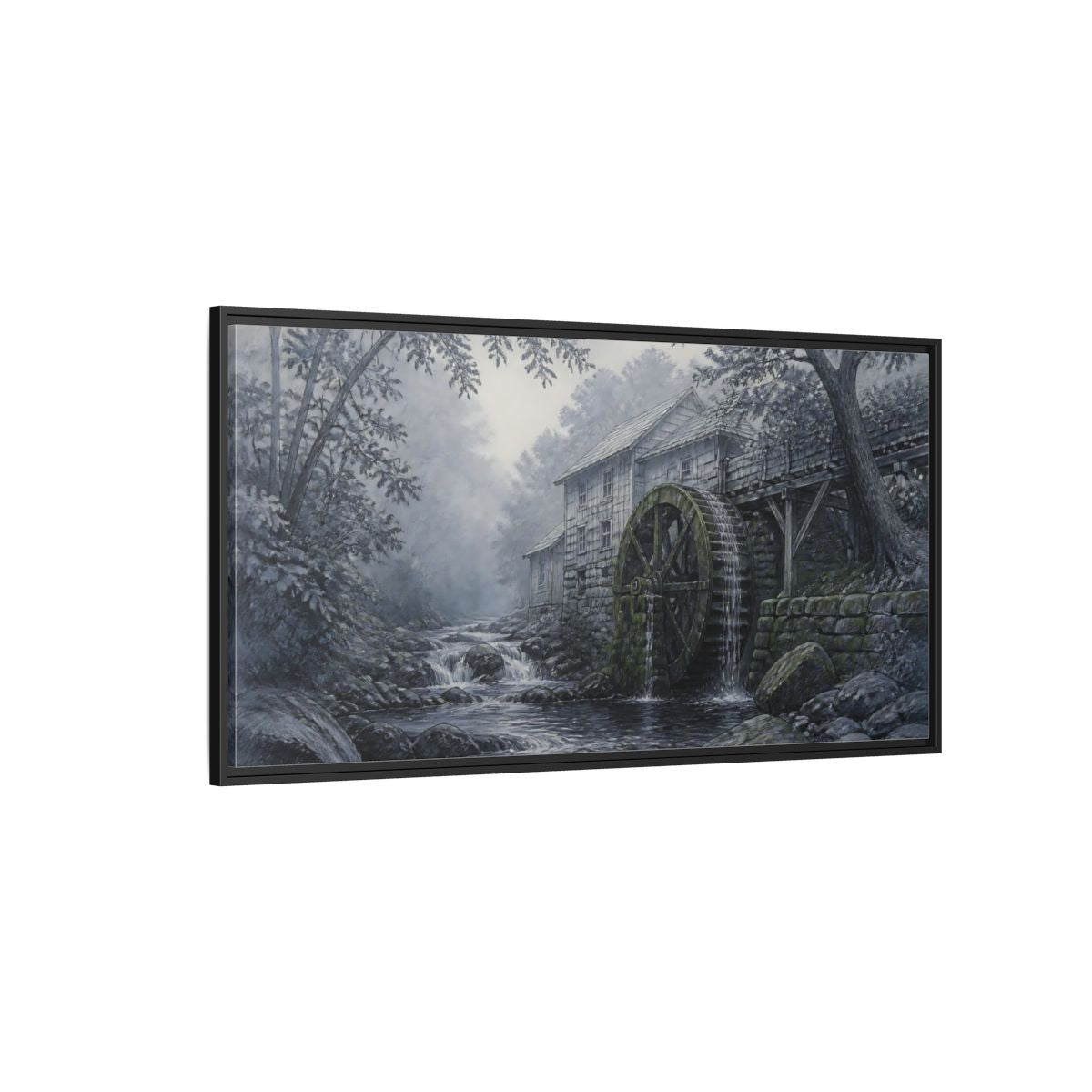 Side Mockup 5. Misty Creek Watermill shown as framed canvas print
