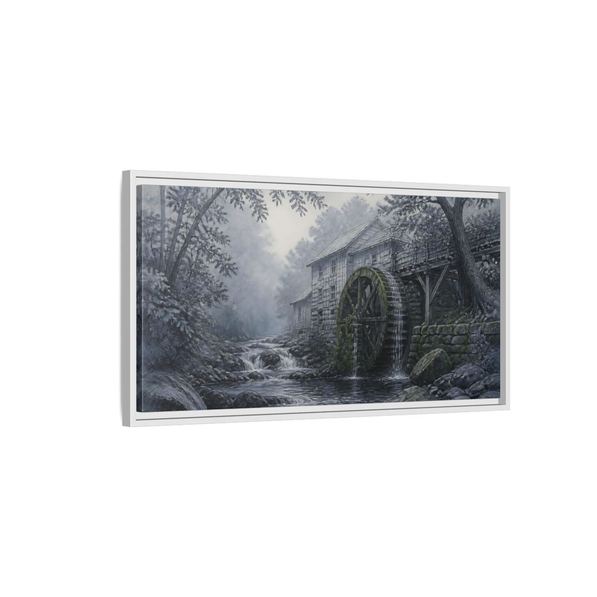 Side Mockup 1. Misty Creek Watermill shown as framed canvas print
