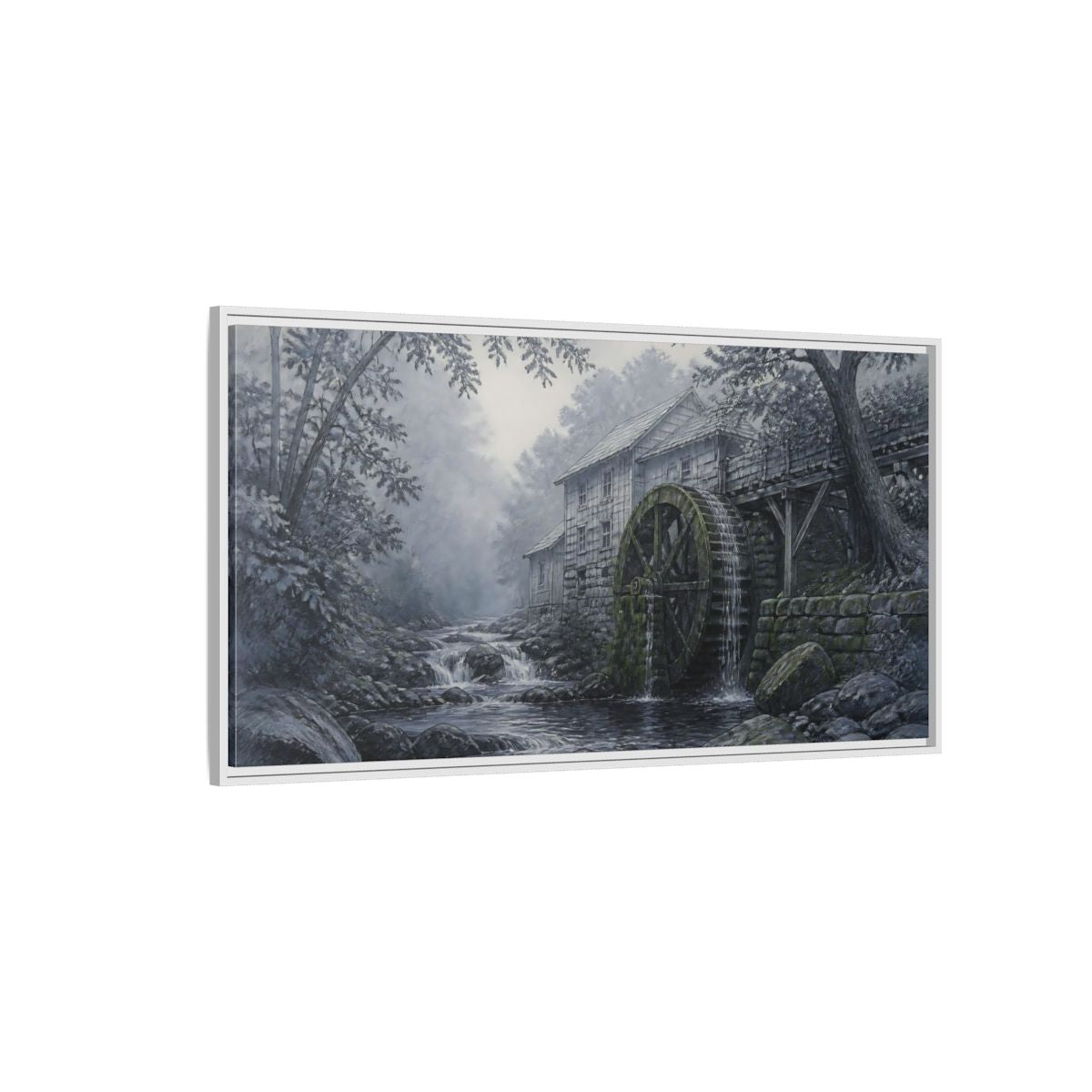 Side Mockup 3. Misty Creek Watermill shown as framed canvas print