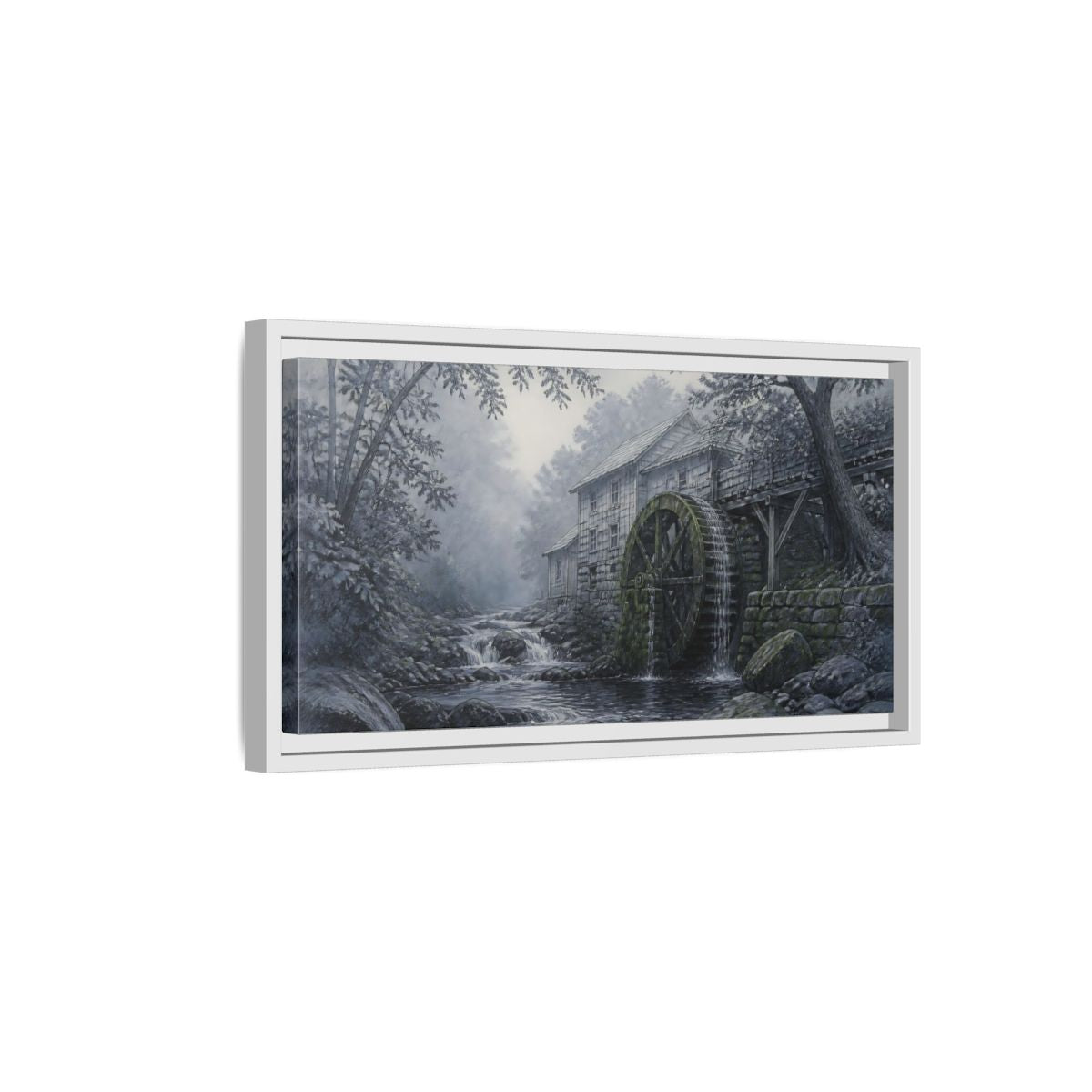 Side Mockup 6. Misty Creek Watermill shown as framed canvas print