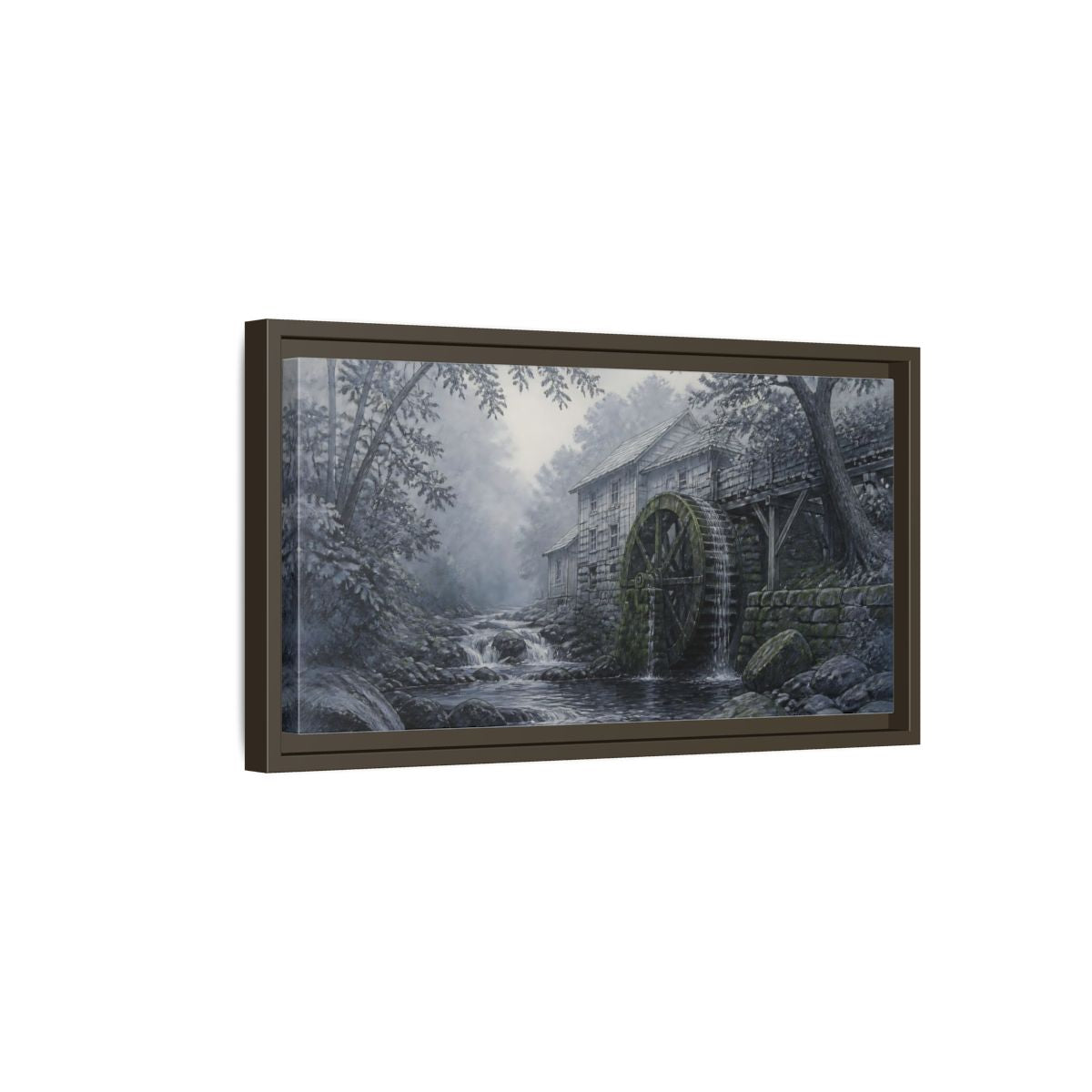 Side Mockup 7. Misty Creek Watermill shown as framed canvas print