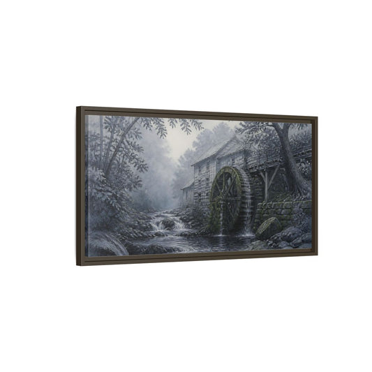 Main Mockup. Misty Creek Watermill shown as framed canvas print