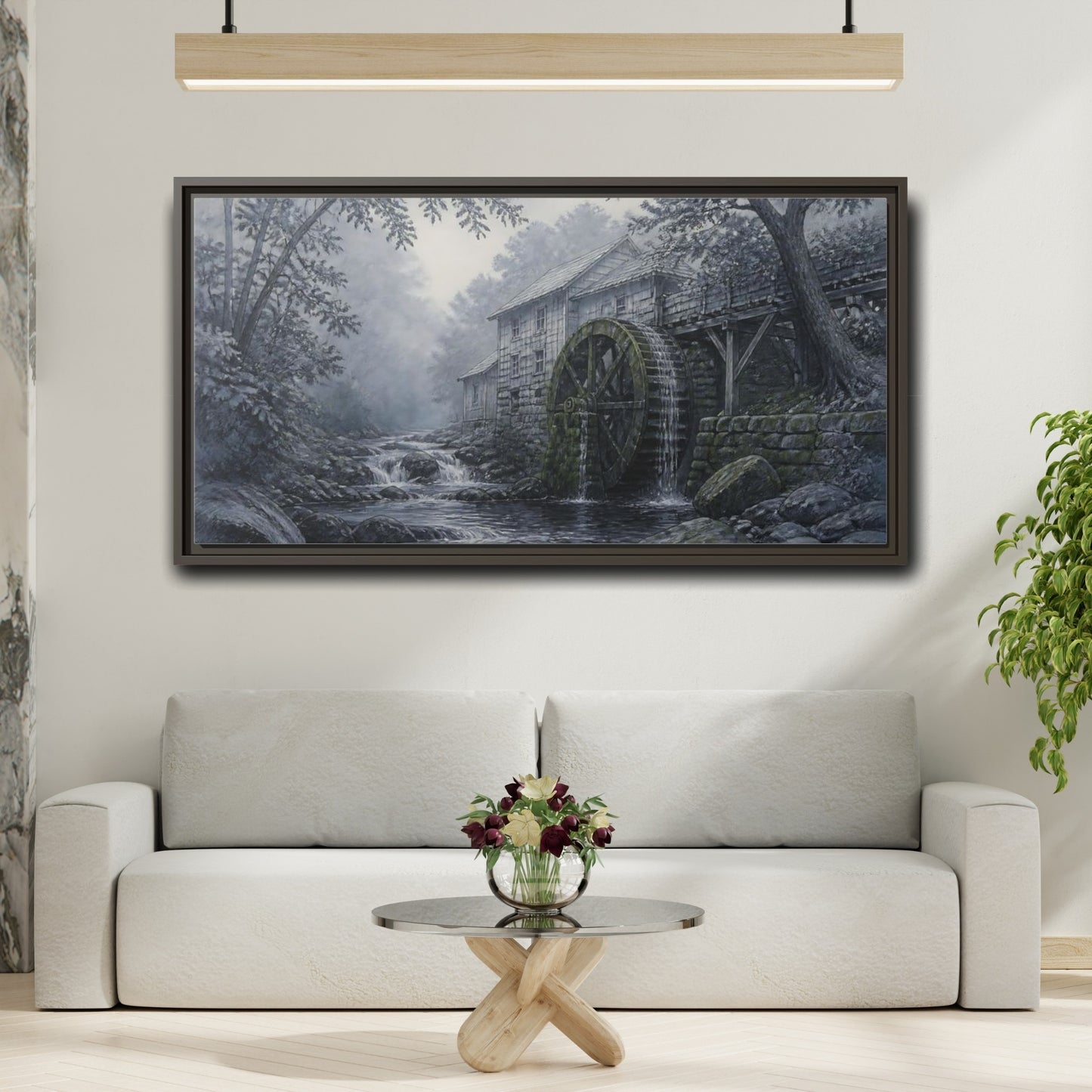 Mockup 2. Misty Creek Watermill shown as framed canvas print