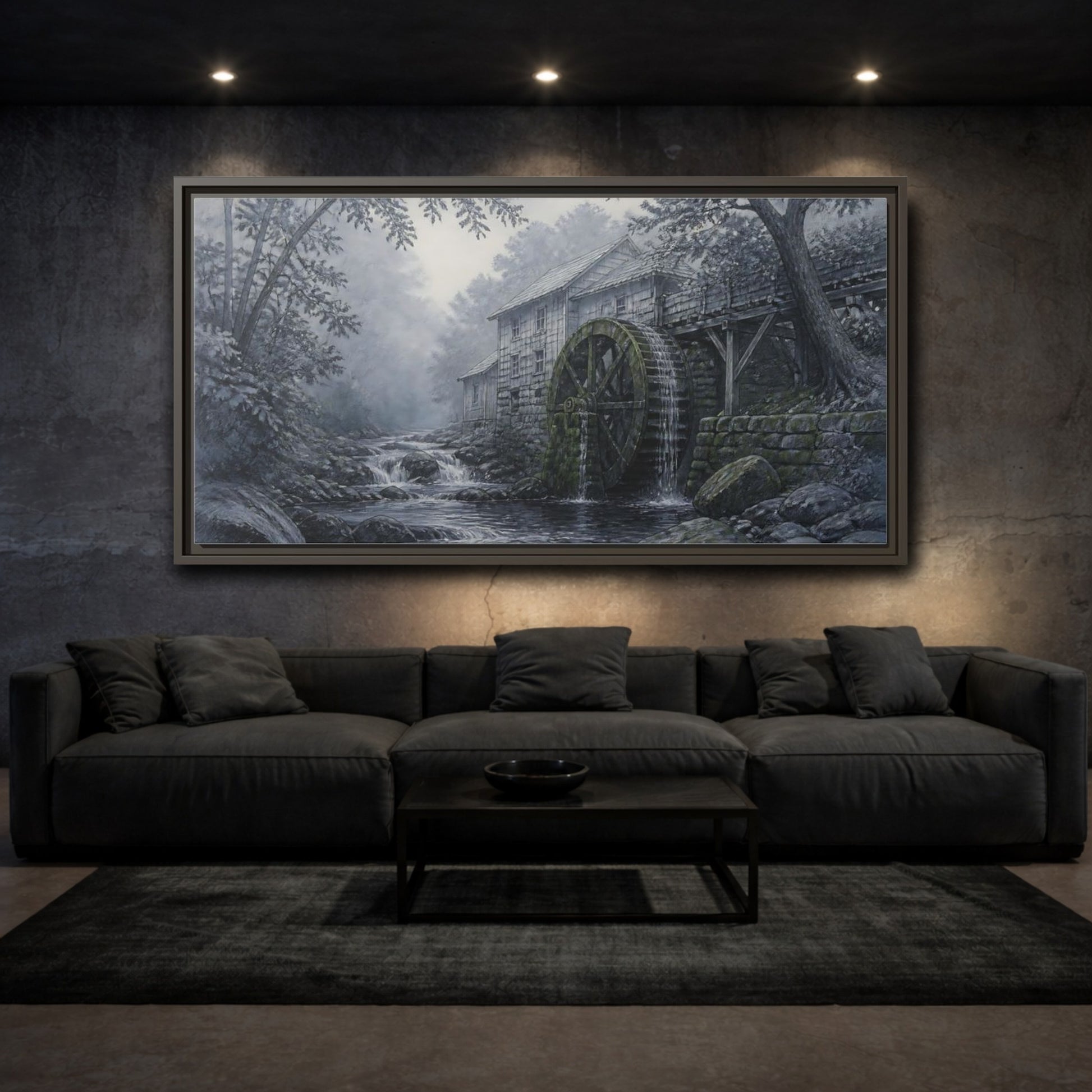 Mockup 3. Misty Creek Watermill shown as framed canvas print
