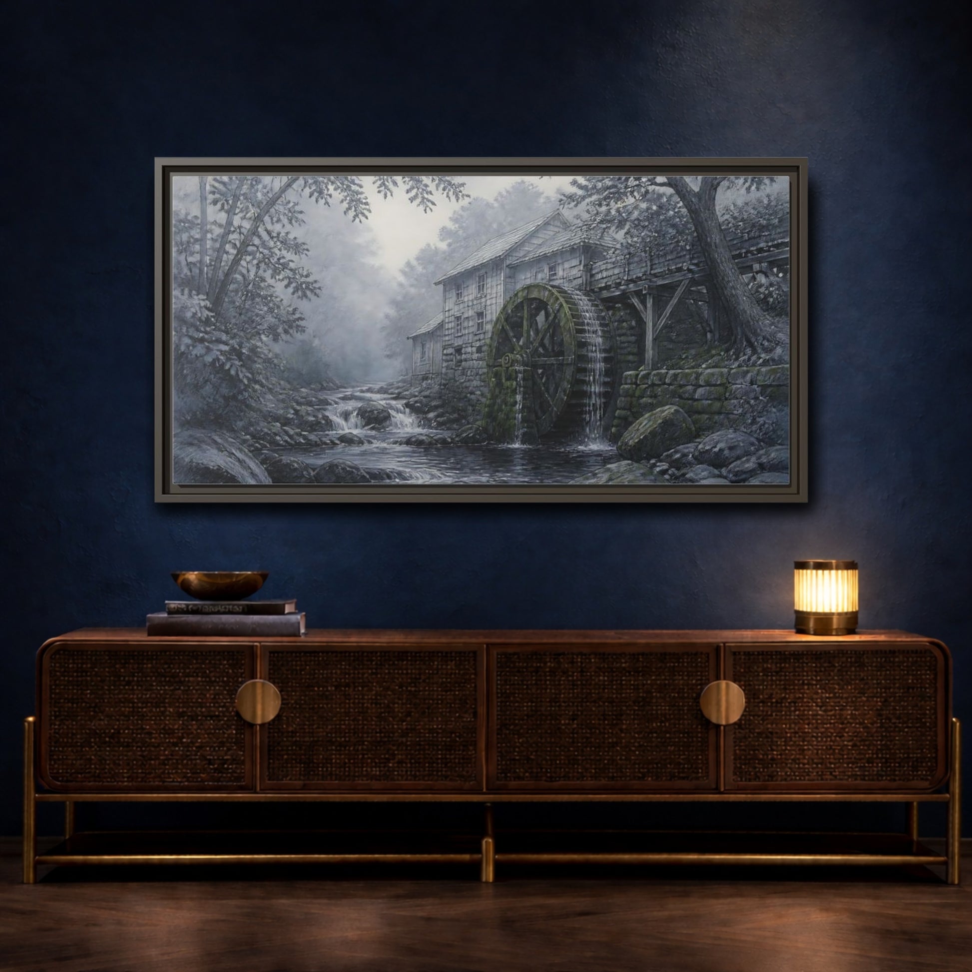 Mockup 4. Misty Creek Watermill shown as framed canvas print