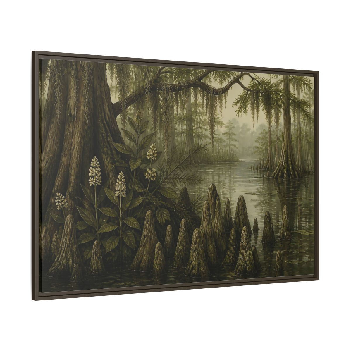 Side Mockup 8. Misty Cypress Swamp shown as framed canvas print