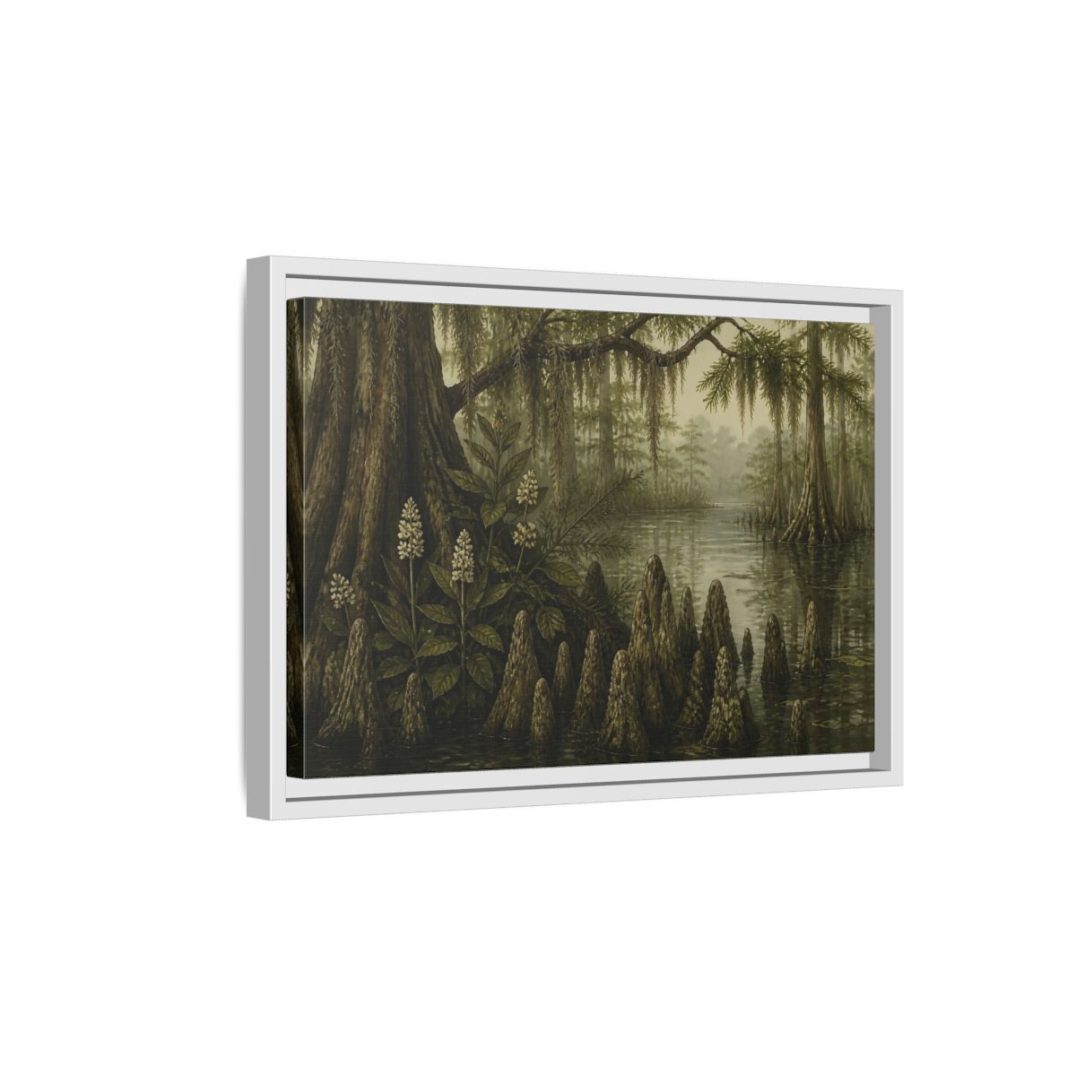 Side Mockup 4. Misty Cypress Swamp shown as framed canvas print