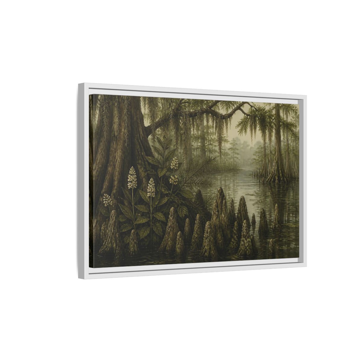 Side Mockup 1. Misty Cypress Swamp shown as framed canvas print