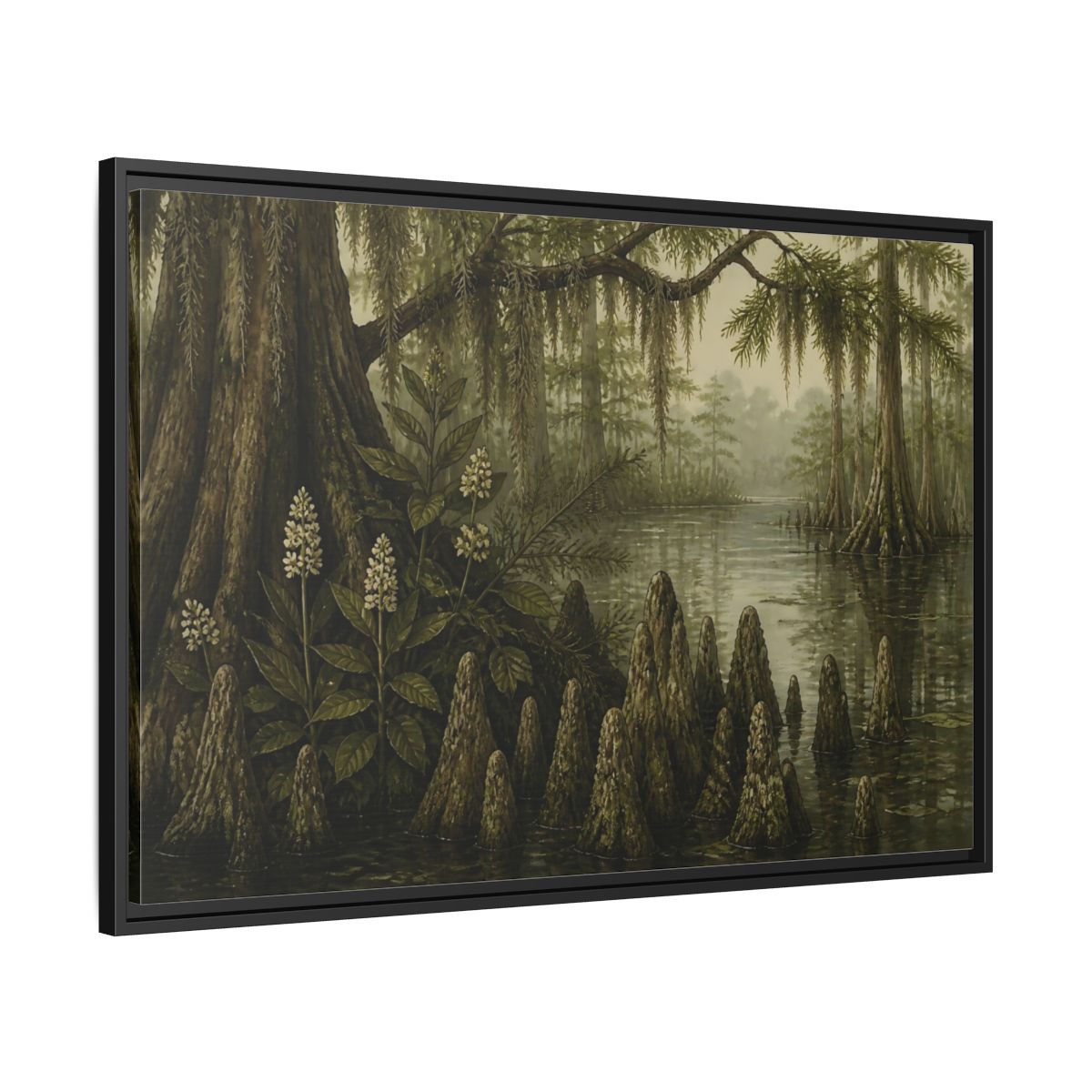 Side Mockup 13. Misty Cypress Swamp shown as framed canvas print